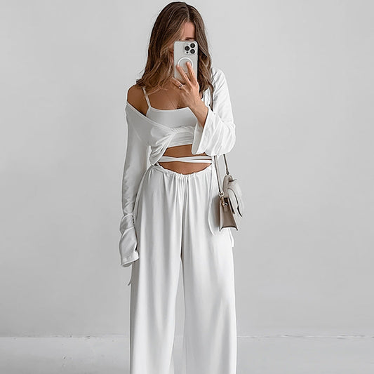 Suspender Top Trousers Long Sleeve Three Piece Set Comfortable Pajamas Autumn Knit Casual Homewear