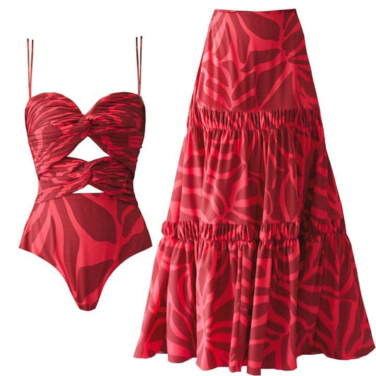 Printing Hollow Out Cutout out Swimsuit Women Vacation Beach