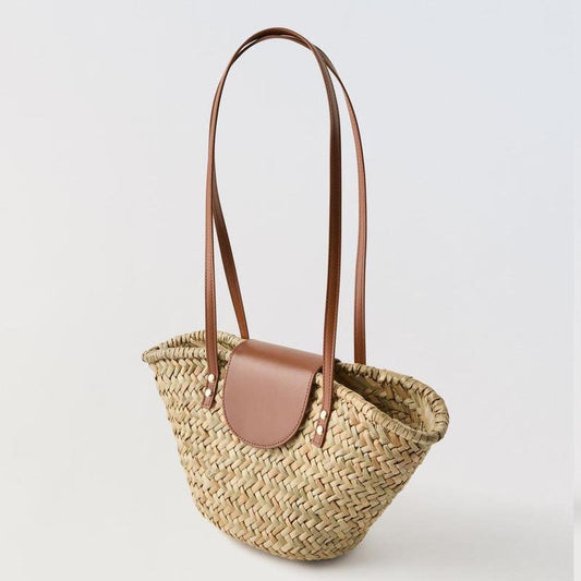 Natural Grass Shoulder Straw Bag Faux Leather Stitching Woven Bag Vacation Beach Bag All Match Rattan Weave Bag