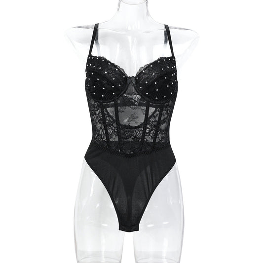 Black Heavy Embroidery Drilling Hand Wear Plastic Bones Shaping Body Shaping Double Layer Chest Cup Lace Jumpsuit Can Be Worn Alone