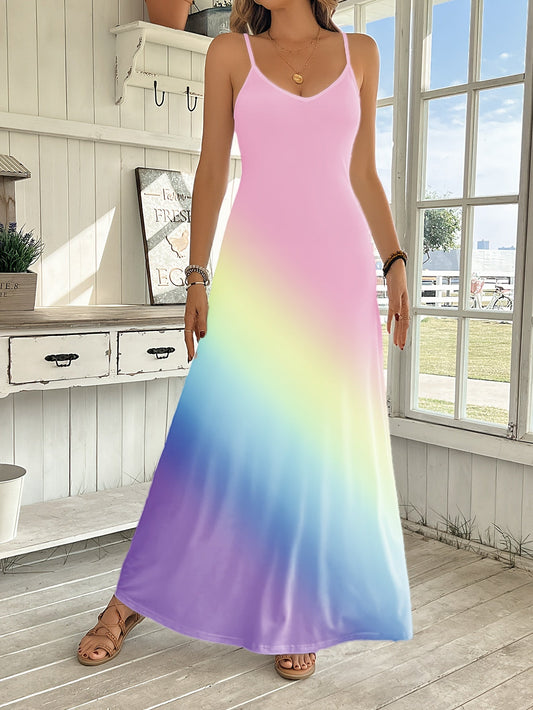 Comfort Style V-Neck Rainbow Gradient Maxi Dress