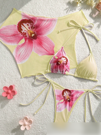Split Swimsuit Lace up Bikini Short Sleeved Blouse Three Piece Swimsuit Slim Sexy Bikini