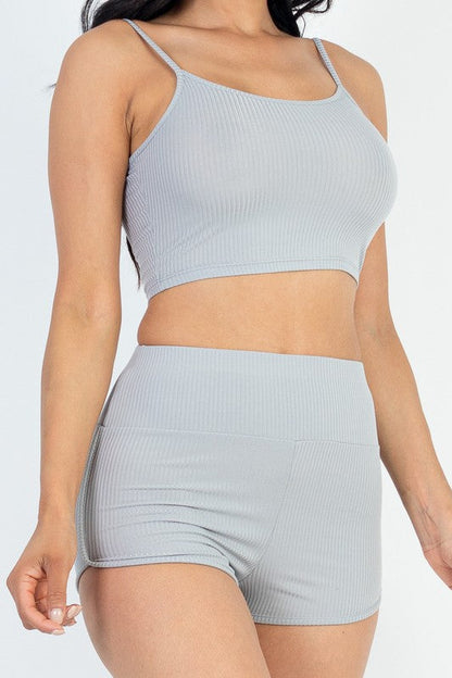 Ribbed Top & Ruched Biker Shorts Set