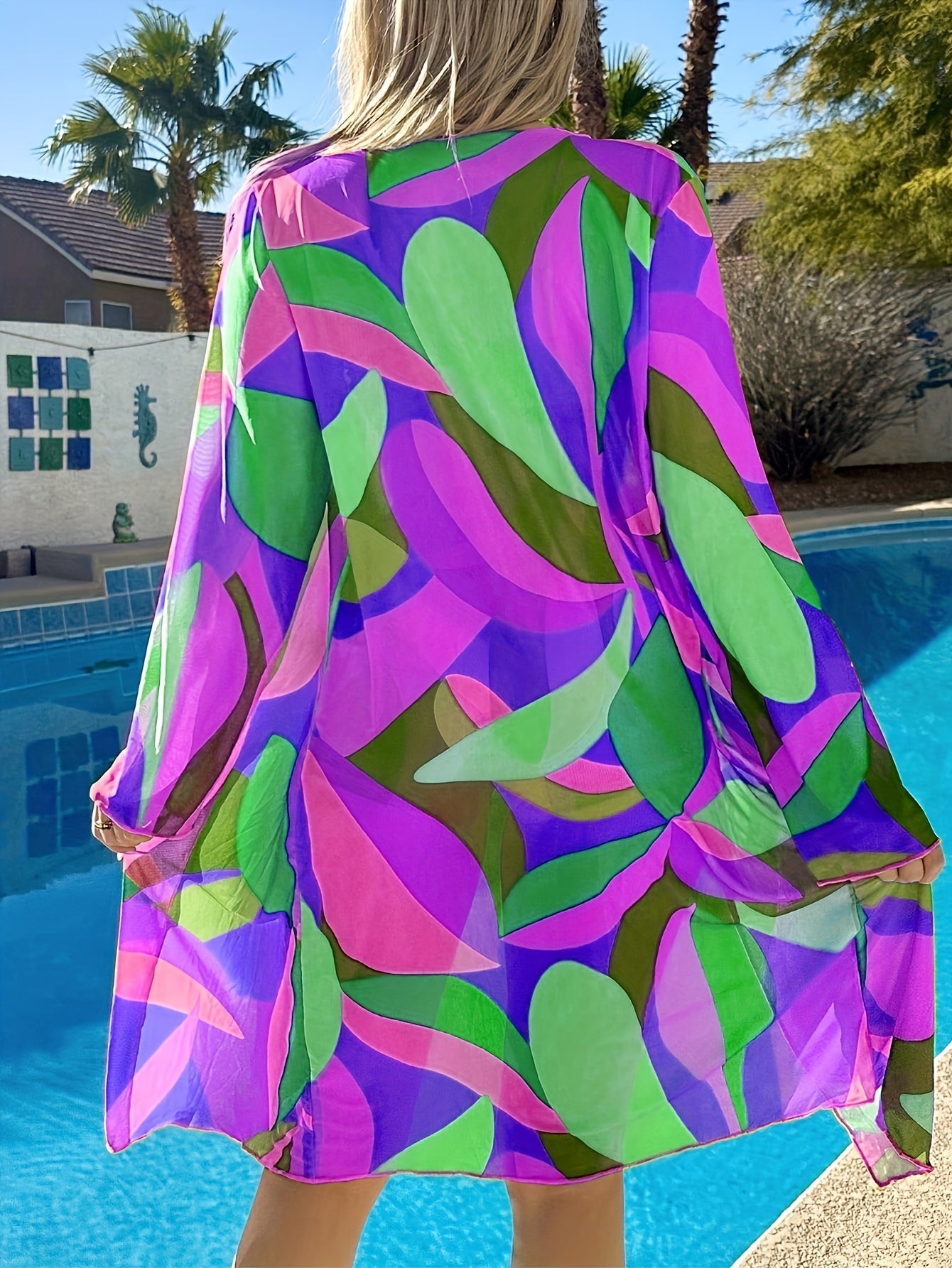 Kimono Geometric 3Piece Swimwear Set Bikini Shorts