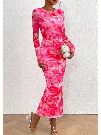 Elegant Frilly Floral Bodycon Maxi Dress