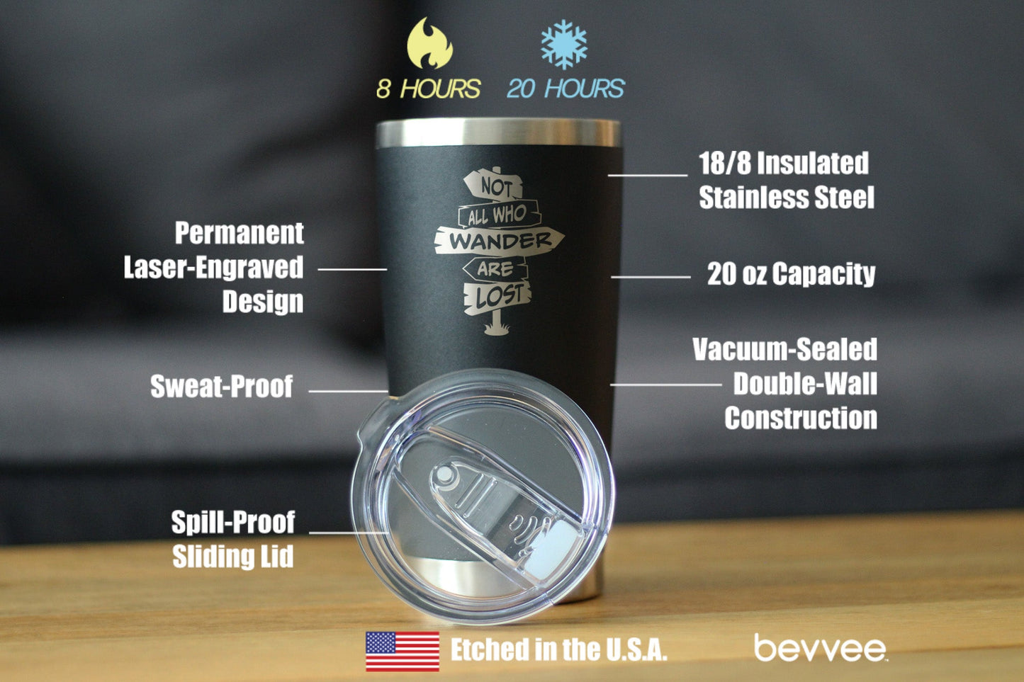 Not All Who Wander Are Lost - Insulated Coffee Tumbler Cup with Sliding Lid - Stainless Steel Travel Mug - Outdoor Travel Gifts for Travelers, Campers & Hikers