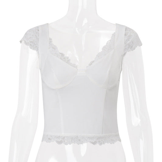 Women Clothing Summer Sexy Short Temperamental Lace Stitching Solid Color Cropped Top