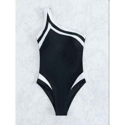 One Shoulder Color Block Jumpsuit Women Cover Belly Conservative Bikini Beach Spring Swimsuit