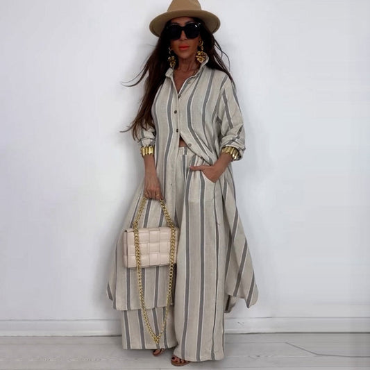Summer Elegant Sexy V neck Top Printed Wide Leg Pants Two Piece Set