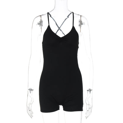 Women Clothing Summer Solid Color Sling Backless Fitness Yoga Tight Jumpsuit