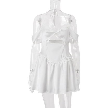 Women Clothing Summer Sexy off Neck Wrapped Chest Nipped Waist Solid Color Dress A line Dress
