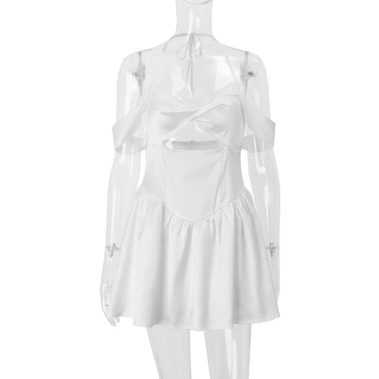 Women Clothing Summer Sexy off Neck Wrapped Chest Nipped Waist Solid Color Dress A line Dress