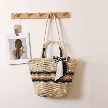 Striped Shoulder Straw Bag Silk Scarf Woven Tote Women Seaside Vacation Beach Bag