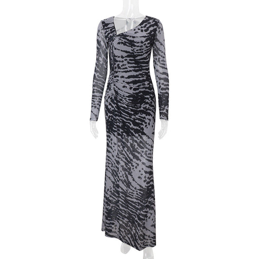 Women Clothing Autumn Retro Sexy off Shoulder Zebra Stripe Slim Fit Long Sleeve Dress Women