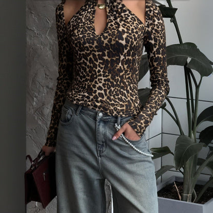 Women Clothing Autumn Sexy Vintage Leopard Print Halterneck Long Sleeved Sexy Top for Women