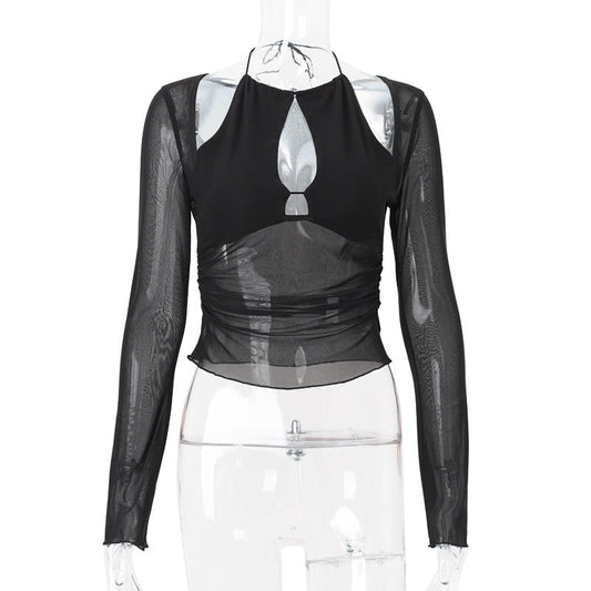 Summer Women Mesh Stitching Hollow Out Cutout Irregular Asymmetric Slim Fit Slimming Long Sleeve Top