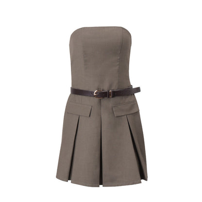Women Clothing Autumn Personality Street Retro Bandeau Slim Fit Dress Pleated Dress