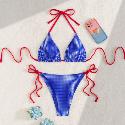 Bikini Plaid Colorblock Triangle Cup Lace up Sexy Split Bikini Swimsuit for Women