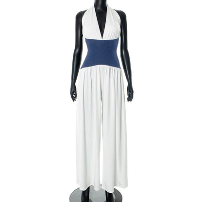 Women Clothing Spring Summer Halter Strap Contrast Color Zipper Tube Top Wide Leg Loose Jumpsuit