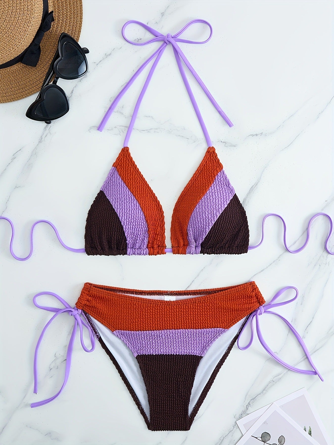 Women Seperated Swimwear Bikini Color Matching Drawstring Backless Sexy Swimsuit Bikini