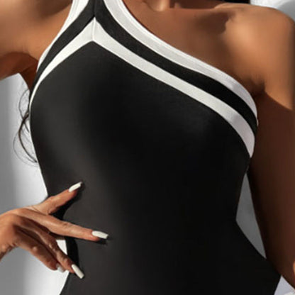 One Shoulder Color Block Jumpsuit Women Cover Belly Conservative Bikini Beach Spring Swimsuit