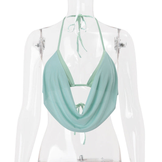 Women Clothing Summer Sexy Hollow Out Cutout out Halter Lace up Solid Color Short Vest Top