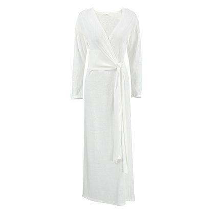 Autumn Comfort Loose Knitted Nightgown Breathable Long Sleeves Lace up Soft Outerwear Homewear