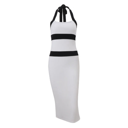 Women Clothing Summer Fashionable Elegant Sexy Slim Fit Halter Color Matching Sheath Dress