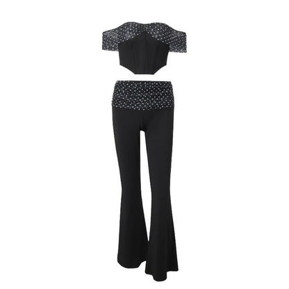 Women Clothing Summer Sexy Polka Dot Print Irregular Asymmetric Top High Waist Casual Pants Set