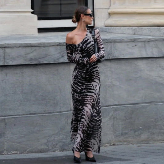 Women Clothing Autumn Retro Sexy off Shoulder Zebra Stripe Slim Fit Long Sleeve Dress Women