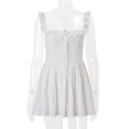 Women Clothing Summer French Sexy Square Collar Waist Controlled Sling Dress