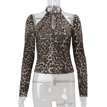 Women Clothing Autumn Sexy Vintage Leopard Print Halterneck Long Sleeved Sexy Top for Women