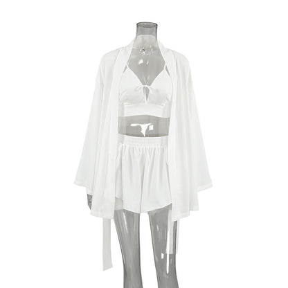 Summer Chiffon Long Sleeved Sexy Underwear Slit Shorts Three Piece Pajamas Cool Feeling Home Wear