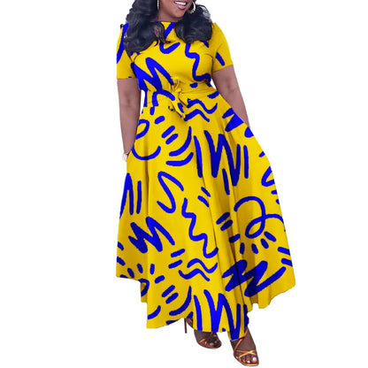 Printed Belted Dress Elegant  Knee-Length Round Neck Short Sleeve Dress