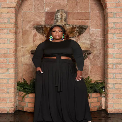 Plus Size Women's Sexy Two-Piece Skirt Set with Long Sleeves