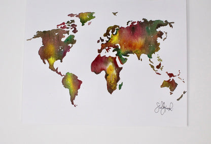 Earthy World Art Print- 11x14 in, Travel Art, Map Artwork, Watercolor Painting, Simple Design